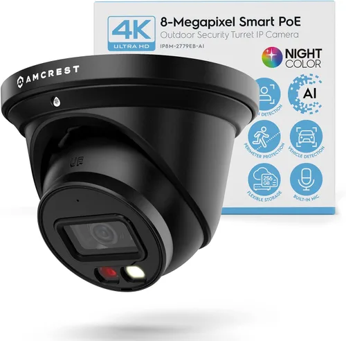 Amcrest 4K Night Color AI Turret IP PoE Cámara 49 pies Visión Nocturna a Todo Color, Cámara IP de Seguridad, Micrófono Incorporado, Detección