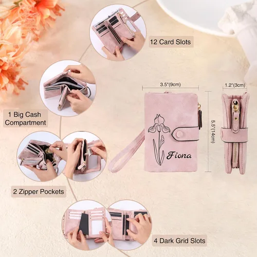 Miniatura 3 de Carteras de cuero personalizadas para mujer, con cremallera, monedero con correa para la muñeca, cartera pequeña para mujer con nombre de flor