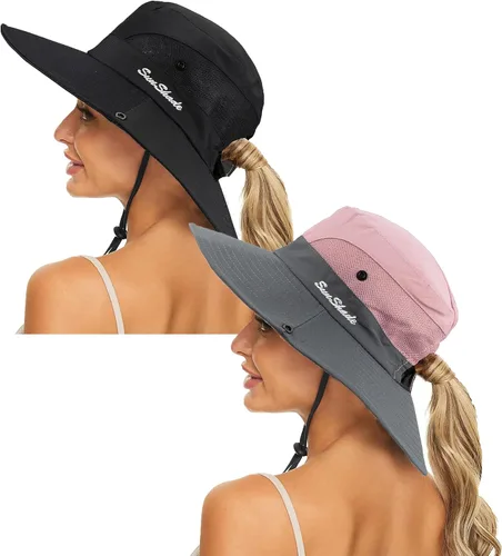 Miniatura 30 de Sombrero de sol de verano para mujer, cola de caballo – Protección UV de malla de ala ancha plegable con agujero para cola de caballo