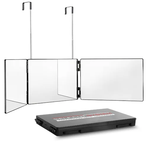 Miniatura 9 de Self-Cut System Espejo de Barbero de 3 Vías con Ganchos Ajustables en Altura, Espejo Tríptico Self Cut de 360° para Cortes de Cabello para Hombres