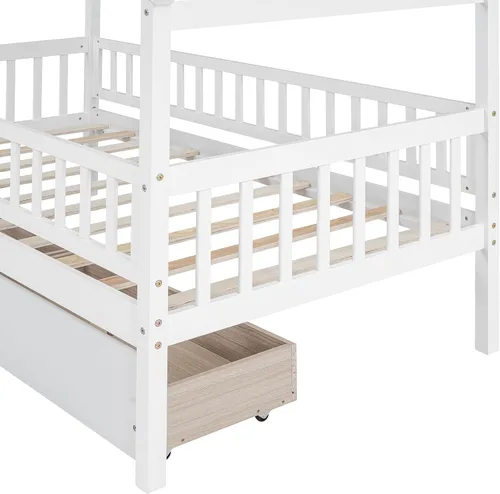Miniatura 9 de Cama de madera de tamaño individual con dos cajones y techo, cama de plataforma con 2 cabeceros, para dormitorio de niños, adolescentes, niñas