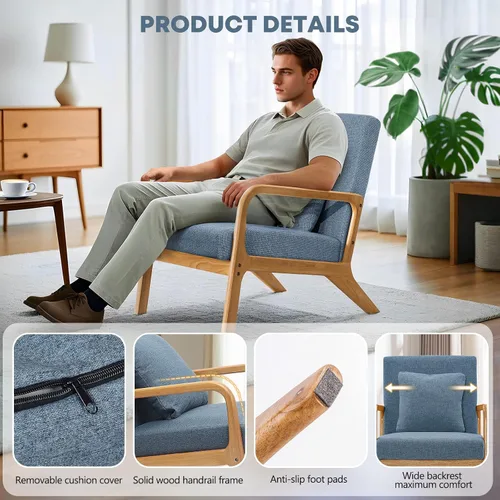 Miniatura 7 de ELUCHANG Silla decorativa moderna de mediados de siglo con almohada lumbar, sillón tapizado, tela de lino, cómoda silla auxiliar de lectura