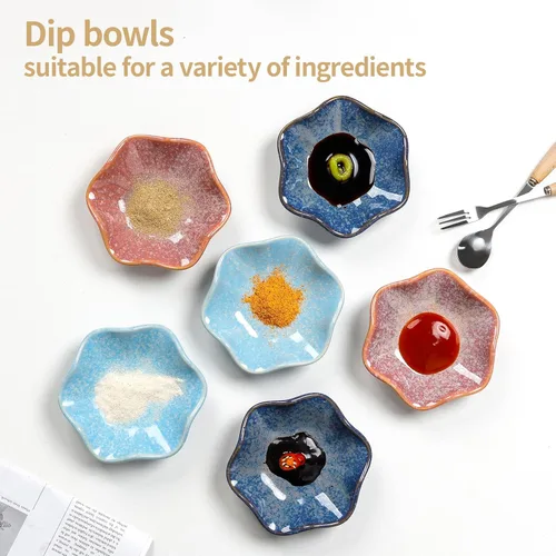 Miniatura 3 de Juego de 6 Cuencos de Inmersión de Cerámica, Platos para Salsa de Soja, Tazas para Salsas de 2 oz, Platos Laterales Pequeños Redondos de Crisantemo