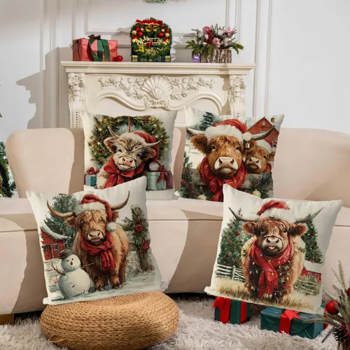 Miniatura 4 de Juego de 4 fundas de almohada de Navidad con diseño de vaca de las tierras altas, estilo campestre, vintage, para el hogar, sofá, sala de estar