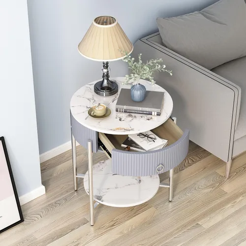 Miniatura 3 de OIOG Mesa auxiliar redonda con cajón, mesita de noche moderna con estante y patas de metal con acabado cromado, mesa esquinera de 2 niveles