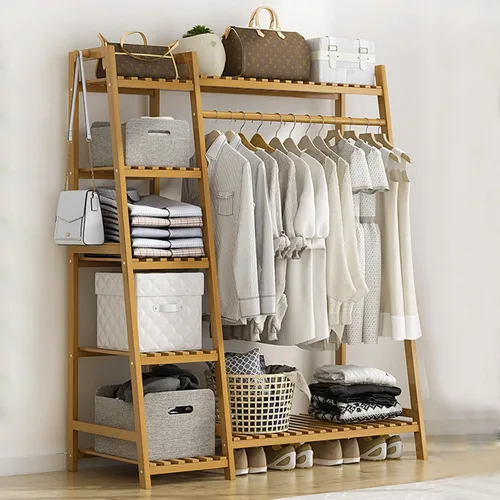 Miniatura 13 de Perchero de bambú para ropa, con estantes de almacenamiento y ganchos, organizador de almacenamiento de ropa abierto para entrada, dormitorio, sala