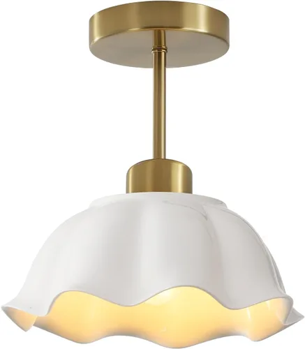 Lámpara de techo semiempotrada de cerámica blanca, moderna lámpara de pasillo de latón de mediados de siglo, luz de techo industrial para