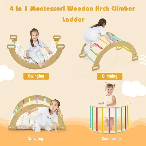 Miniatura 3 de INFANS Juguetes de escalada en arco 4 en 1 para niños pequeños, estructura de escalera Montessori de madera para escalar arco y balancín
