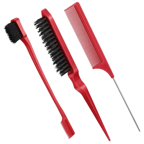 Miniatura 16 de Geiserailie Juego de 3 cepillos para el cabello con parte trasera lisa, cepillo de cerdas, control de bordes, peine para mujeres, cabello negro Rojo