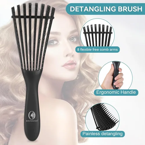 Miniatura 2 de BRUSHZOO - Juego de peinado: cepillos desenredantes para cabello rizado con brocha de burlas, peine de cola de rata y cepillo de borde para mujeres