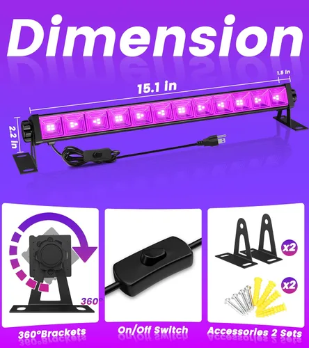 Miniatura 5 de Paquete de 2 barras de luz negra LED de 42W, luz negra con cable de 6 pies + interruptor + enchufe, suministros de fiesta de luces negras que