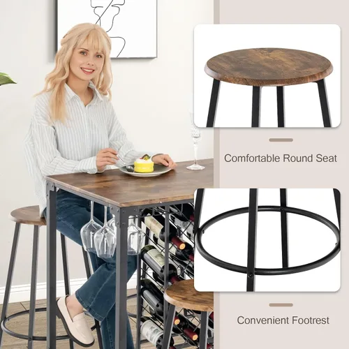 Miniatura 6 de COSTWAY Juego de comedor de 5 piezas de altura de barra, mesa y taburetes para 4 personas con estantes para vino y soportes para vidrio, juego