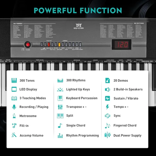 Miniatura 3 de MUSTAR Teclado de piano de 61 teclas, teclado de piano eléctrico con teclas iluminadas, teclado de aprendizaje para principiantes con soporte