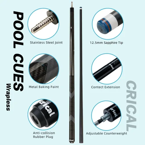Miniatura 2 de CRICAL Palo de taco de billar de fibra de carbono de 58 pulgadas, palos profesionales de baja desviación para piscina con junta de 3/8 x 8 pines