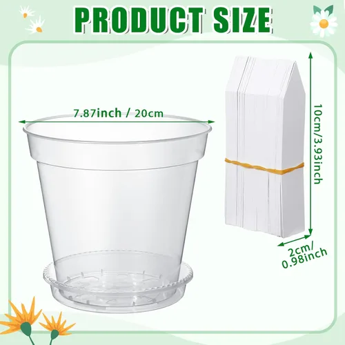 Miniatura 2 de Hushee Juego de 10 macetas transparentes de 8 pulgadas para guardería, incluye 10 platillos y 100 etiquetas para plantas, maceta de plástico