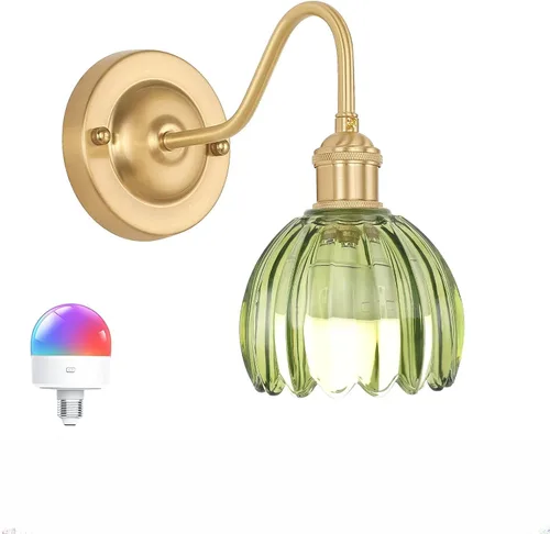 Miniatura 15 de Shenmoyl Aplique de Pared Vintage Operado por Batería con Linda Campana de Vidrio Tulipán Verde, Recargable Inalámbrica, Luz de Pared con Control