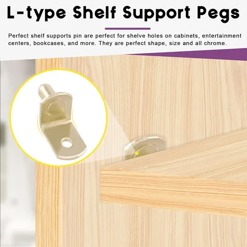 Miniatura 4 de Swpeet 60 pines para estante en L, clavijas de soporte doradas de 0.236 pulgadas con agujero, soporte de acero chapado en acero, clips de gabinete