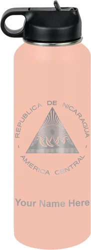 Miniatura 62 de LaserGram Botella de agua personalizada, bandera de Nicaragua, acero inoxidable de doble pared aislada al vacío con popote superior, regalo grabado