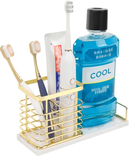 Miniatura 11 de Soporte para cepillos de dientes, lujoso soporte de metal para cepillo de dientes y pasta de dientes con base de mármol para baño, diseño calado