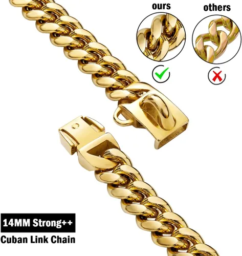 Miniatura 2 de Collares fuertes de acero inoxidable dorado para perros con cierre de hebilla de seguridad, collar de entrenamiento de cadena de eslabones cubanos