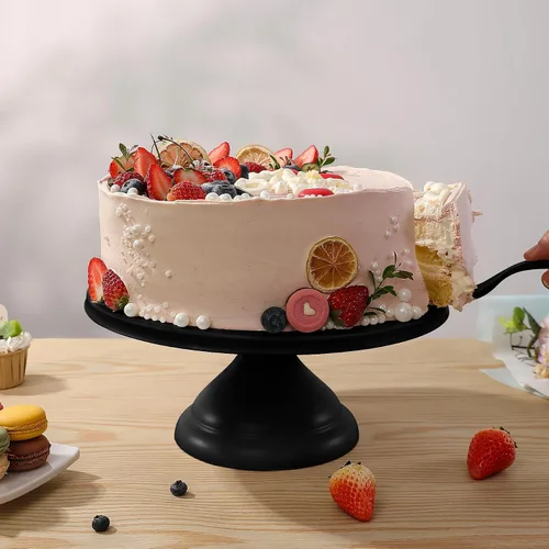 Miniatura 7 de ECOWAY Soporte de fibra de bambú para tartas de 12 pulgadas con espátula para pasteles, soporte redondo negro para cupcakes, soporte grande