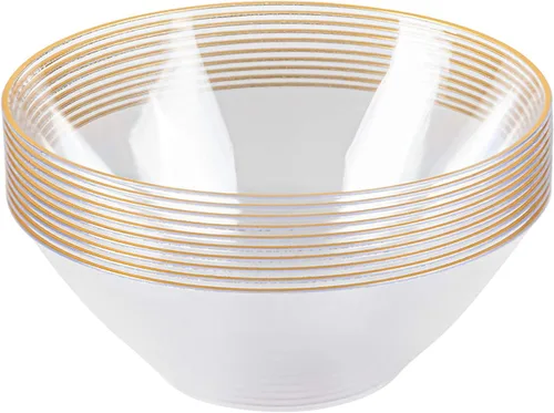 Miniatura 9 de [6 onzas, 40 unidades] Tazones de postre de plástico blanco orgánico para fiesta cuenco de helado con borde dorado Premium pesado elegante vajilla