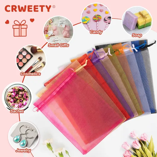Miniatura 5 de Crweety 50 bolsas de organza roja de 3 x 4 pulgadas, pequeñas bolsas de regalo de malla con cordón, bolsa de regalo transparente para bolsita
