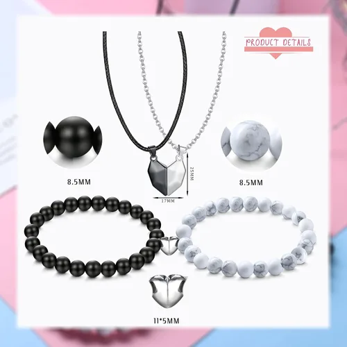 Miniatura 2 de Jslohas 4 collares magnéticos para parejas collares con colgante de corazón a juego pulseras de Yin Yang regalos de relación regalos del día de San