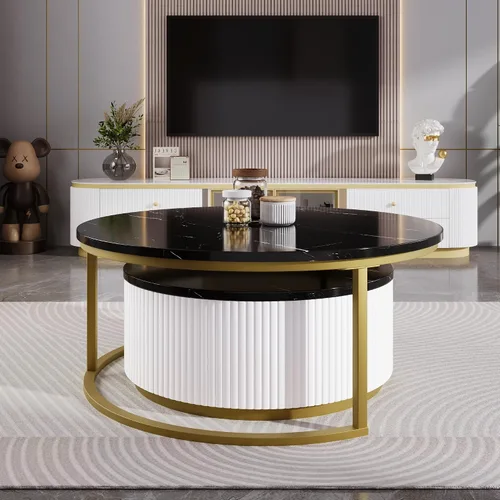 Miniatura 3 de Moderna mesa de centro redonda anidable acanalada con cajón en negro y dorado en 27.6 pulgadas