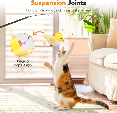 Miniatura 5 de Petbobi Juguetes para gatos, pájaro aleteante, juguete interactivo para gatos con alas aleteadoras y sonidos de chirrido, juguete recargable por USB