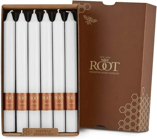 Root Candles Juego de velas de cena sin perfume sin goteo de cera de abeja mejoradas Arista suave en caja, 9 pulgadas, color blanco