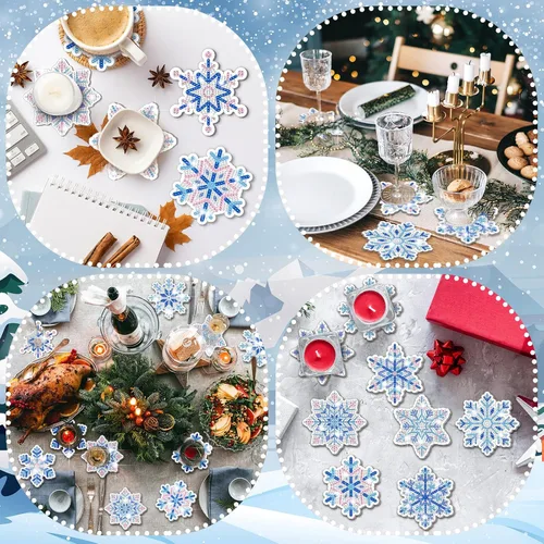 Miniatura 5 de FairySandy 10 Piezas Copos de Nieve Kits de Posavasos de Pintura de Diamante 5D de Invierno Posavasos de Arte de Diamante de Copo de Nieve Acrílico