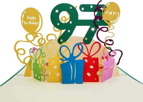Miniatura 2 de iGifts And Cards Tarjeta desplegable 3D de cumpleaños 97, regalos coloridos y celebración de hitos de globos, saludo sincero para personas mayores