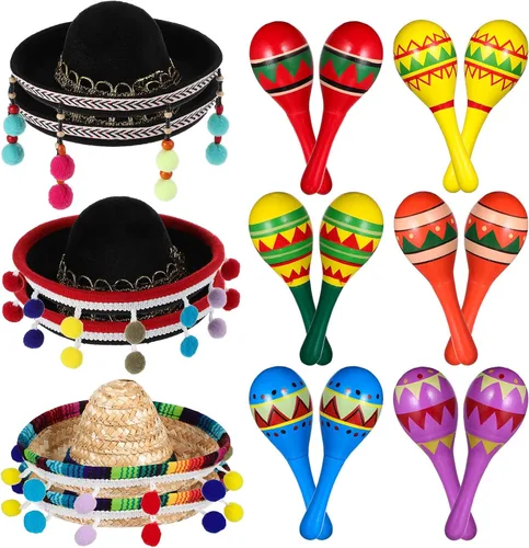 Miniatura 8 de Honoson 12 piezas de maracas de madera para fiesta, 6 mini sombreros de Cinco de Mayo, sombrero mexicano de copa para decoración de fiesta