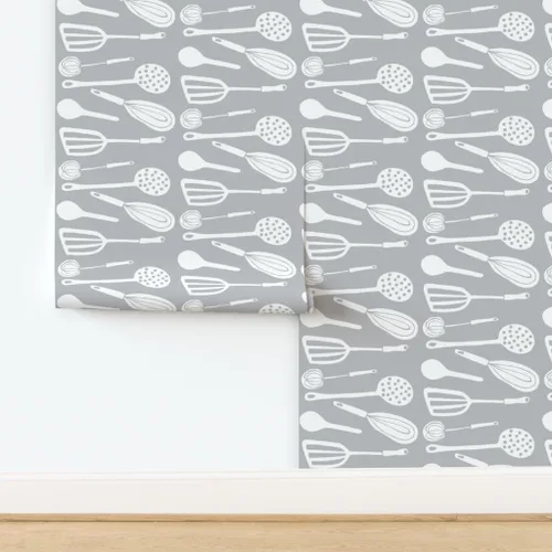 Miniatura 4 de Peel & Stick Wallpaper Swatch - Magic Kitchen Tools Driftwood Grey & White Spoon Egg Vintage Custom Removable Wallpaper by Spoonflower