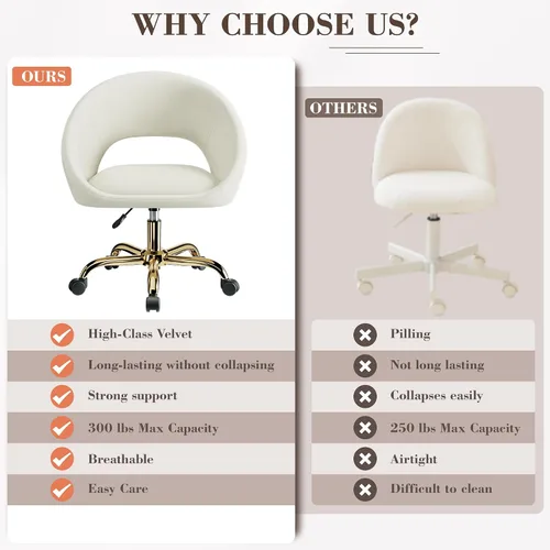 Miniatura 4 de Silla de Tocador con Ruedas, Cómodas Sillas de Escritorio para Oficina en Casa Ajustables Silla de Maquillaje de Terciopelo Moderna para Dormitorio