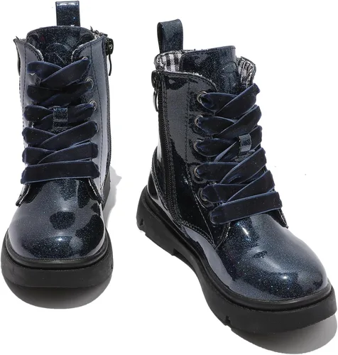 DADAWEN Botas de tobillo con purpurina para niños y niñas, zapatos de combate impermeables con cremallera lateral para niños pequeños, niños grandes