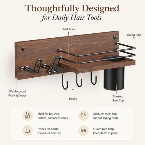 Miniatura 6 de RoleDes Soporte de madera para secador de pelo montado en la pared, organizador de herramientas de pelo de baño, estante de soporte para secador