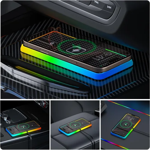 Miniatura 2 de Cargador inalámbrico para automóvil, cargador de teléfono inalámbrico POLMXS de 15 W, alfombrilla de carga inalámbrica para teléfono celular RGB
