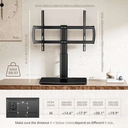 Miniatura 7 de Soporte universal giratorio para TV con base de mesa para televisores de 32 a 65 pulgadas con giro de 80 grados, base de 4 niveles de altura