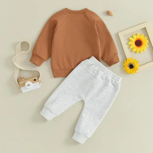 Miniatura 70 de Conjunto de 2 piezas de sudadera de manga larga con cuello redondo y pantalones casuales para bebés y niños pequeños