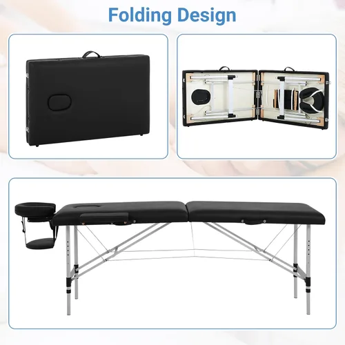 Miniatura 3 de Mesa de masaje, cama de masaje de 73 pulgadas, altura ajustable, 2 pliegues, de aluminio, de piel sintética, para belleza, spa, con funda