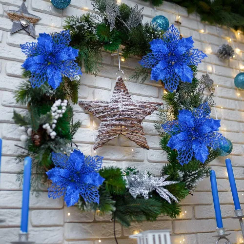 Miniatura 6 de 24 piezas de palitos de flores de Pascua artificiales de hojas de acebo de malla azul con purpurina, adornos para árbol de 5.9 pulgadas de ancho