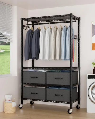 Miniatura 8 de VyGrow Perchero de Ropa, Perchero de Ropa para Colgar Ropa, Sistema Organizador de Armario Ajustable de 4 Niveles con Cajón Varillas Dobles