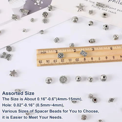 Miniatura 3 de UPINS 300 cuentas espaciadoras plateadas para hacer joyas, cuentas de metal tibetano antiguo, pulseras, collares, manualidades, cuentas sueltas