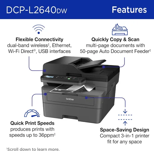 Miniatura 3 de Brother DCP-L2640DW Impresora láser monocromática compacta inalámbrica multifunción con copia y escaneo, dúplex, móvil, blanco y negro Incluye
