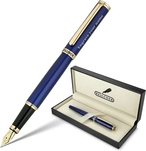 BEILUNER Pluma fuente azul personalizada, impresionante laca de lujo, punta dorada de 24 quilates (fina), hermoso acabado en oro de 24 quilates,