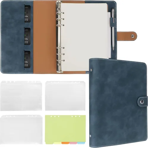 Miniatura 14 de FYY - Cuaderno de 6 anillos de piel sintética con bolsillos, divisores y papel de recarga, agenda de tamaño A5, color azul