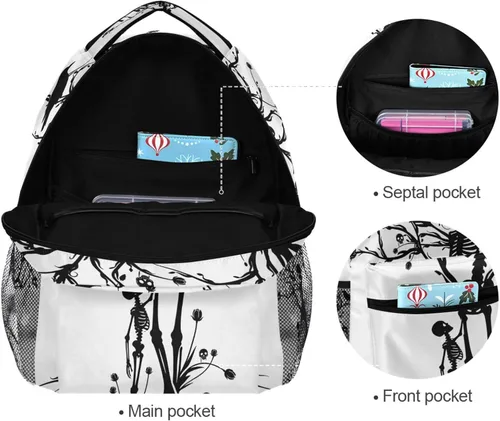 Miniatura 8 de Mochila negra del Día de los Muertos con patrón de calavera para adultos, mochila escolar casual, bolsa universitaria de viaje, con cremallera