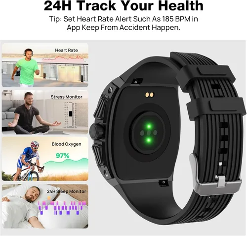 Miniatura 4 de Relojes inteligentes para hombre, reloj inteligente con pantalla táctil cuadrada HD de 1.76 pulgadas, monitor de frecuencia cardíaca, SpO2/sueño